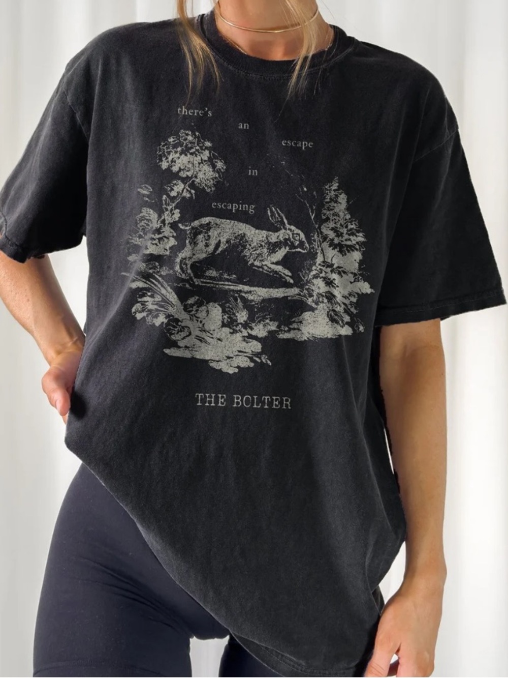 Black Graphic Tee with Hare Print